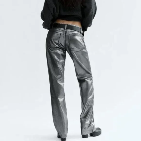 NWT ZARA MID WAIST STRAIGHT LEG FOIL JEANS BLACK - Picture 3 of 6